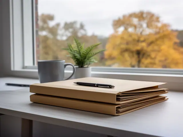 A neat stack of closed manila folders and a pen on a desk by a window.
