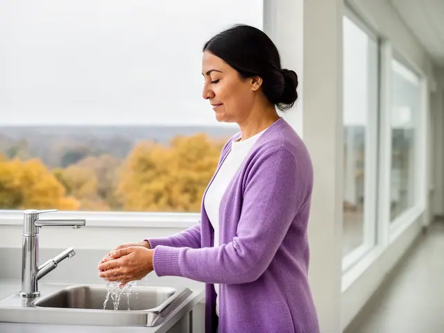 A physician washing her hands at a clinic sink.
