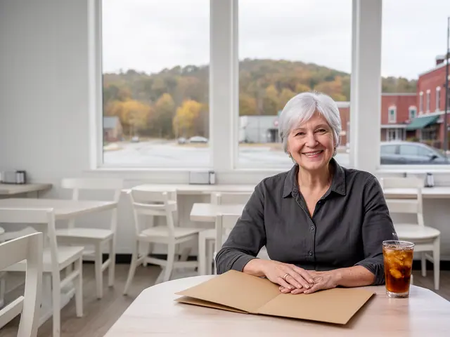 A restaurant owner seated with a folder in an empty dining room before opening.