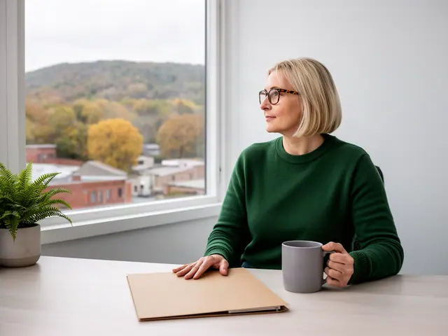 A woman with a short blonde bob and tortoiseshell glasses at a desk with a folder and a mug in a small back office.