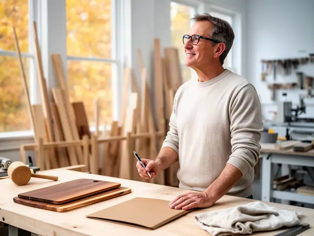 A man with short gray-brown hair and black-framed glasses at a work table with a closed folder in a small wood-turning and cutting-board shop.